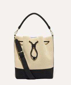 The Cinch Bucket Bag - Black and White Raffia-Knit